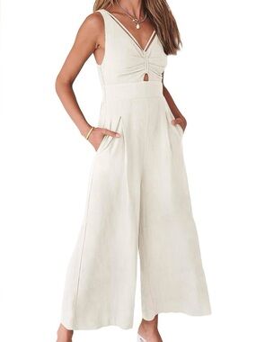 Elegant White V-Neck Wide Leg Jumpsuit